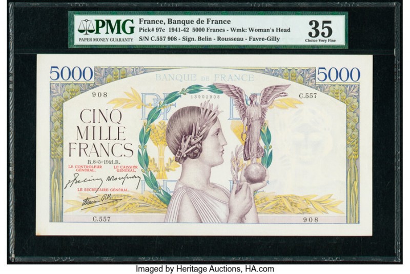 France Banque de France 5000 Francs 8.5.1941 Pick 97c PMG Choice Very Fine 35. 
...