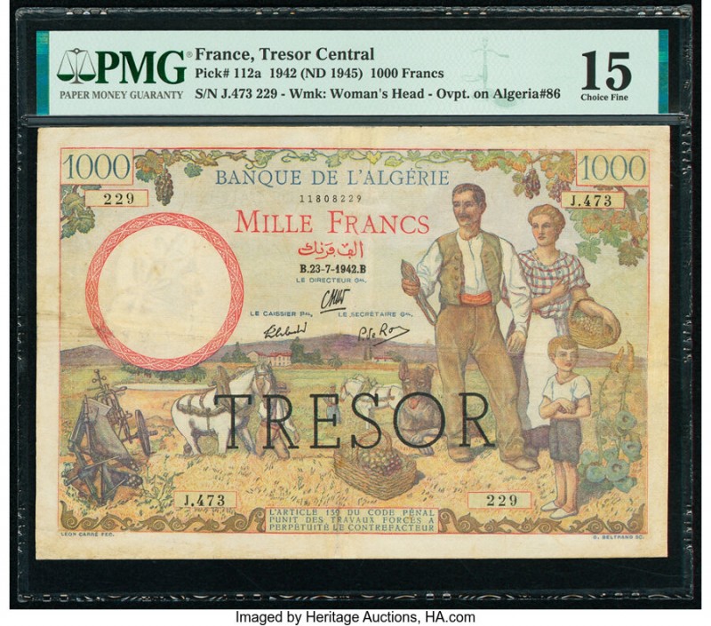 France Tresor Central 1000 Francs ND (1945) 23.7.1942 Pick 112a PMG Choice Fine ...