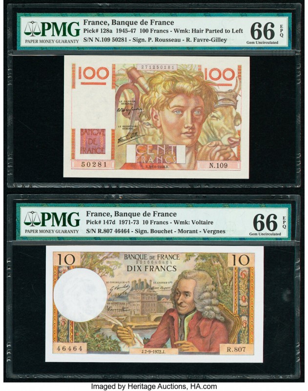 France Banque de France 100; 10 Francs 3.10.1946; 7.9.1972 Pick 128a; 147d Two E...