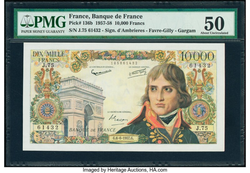 France Banque de France 10,000 Francs 6.6.1957 Pick 136b PMG About Uncirculated ...