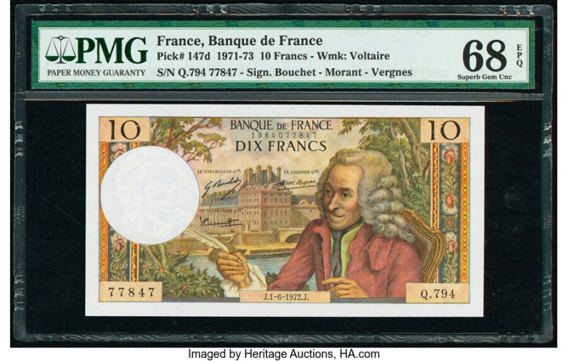 France Banque de France 10 Francs 1.6.1972 Pick 147d PMG Superb Gem Unc 68 EPQ. ...