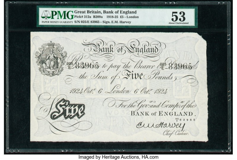 Great Britain Bank of England 5 Pounds 6.10.1924 Pick 312a PMG About Uncirculate...