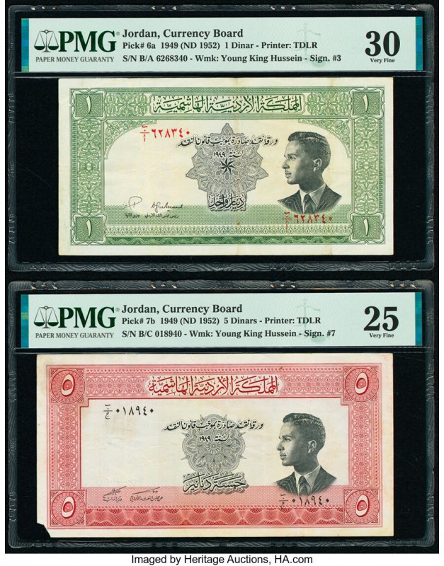 Jordan Jordan Currency Board 1; 5 Dinars 1949 (ND 1952) Pick 6a; 7b Two Examples...