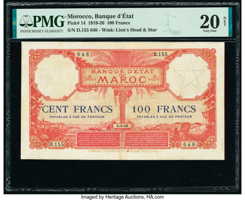 Morocco Banque d'Etat du Maroc 100 Francs 1.4.1926 Pick 14 PMG Very Fine 20Net. ...