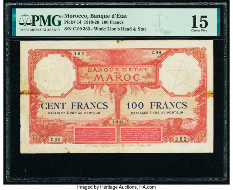 Morocco Banque d'Etat du Maroc 100 Francs 1.8.1925 Pick 14 PMG Choice Fine 15. T...