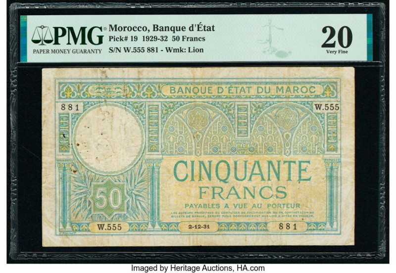 Morocco Banque d'Etat du Maroc 50 Francs 1929-32 Pick 19 PMG Very Fine 20. Third...