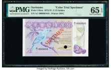Suriname Muntbiljet 2 1/2 Gulden 1.9.1973 Pick 118cts Color Trail Specimen PMG Gem Uncirculated 65 EPQ. Red Specimen overprints and one POC.

HID09801...
