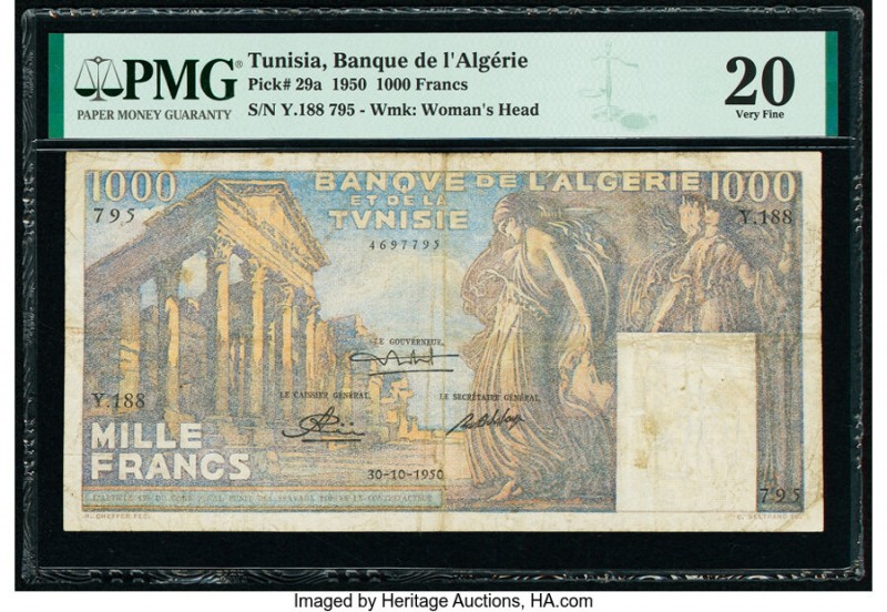 Tunisia Banque de l'Algerie 1000 Francs 30.10.1950 Pick 29a PMG Very Fine 20. 

...