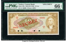 Turkey Central Bank 10 Lira 1930 (ND 1948) Pick 148s Specimen PMG Gem Uncirculated 66 EPQ. Red Gecmez; four POCs.

HID09801242017

© 2020 Heritage Auc...