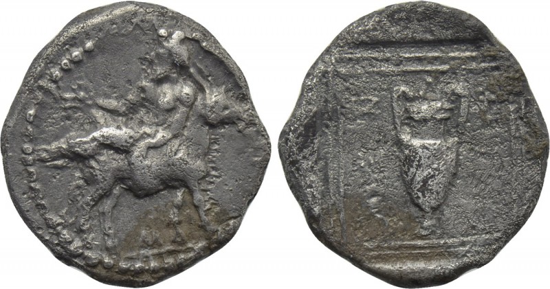 MACEDON. Mende. Tetrobol (Circa 423 BC). 

Obv: Inebriated Dionysos, holding k...