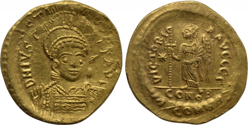 JUSTIN I (518-527). GOLD Solidus. Constantinople. 

Obv: D N IVSTINVS P P AVG....