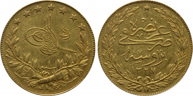 OTTOMAN EMPIRE. Mehmed V Reşâd (AH 1327-1336 / 1909-1918 AD). GOLD 100 Kurush or...