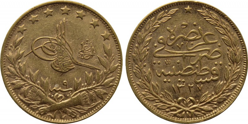 OTTOMAN EMPIRE. Mehmed V Reşâd (AH 1327-1336 / 1909-1918 AD). GOLD 100 Kurush or...