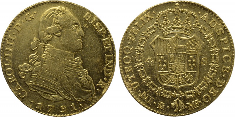 SPAIN. Carlos IV (1788-1808). GOLD 4 Escudos (1791 M-MF). Madrid. 

Obv: CAROL...