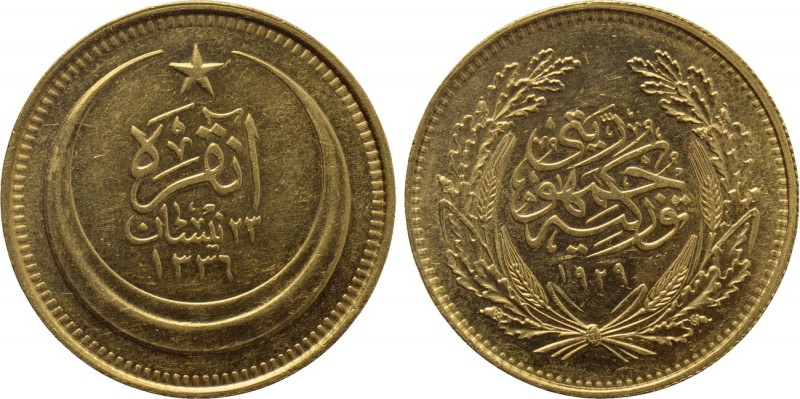 TURKEY. GOLD 500 Kurush or Piastres (AH 1336//1929 AD). Ankara. Dated year 23. ...
