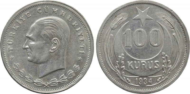 TURKEY. 100 Kuruş (1934). 

Obv: TÜRKIYE CÜMHURIYETI. 
Bare head of Atatürk l...