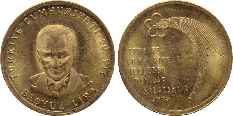 TURKEY. GOLD 500 Lira (1973). Commemorating the 50th Anniversary of the Republic...