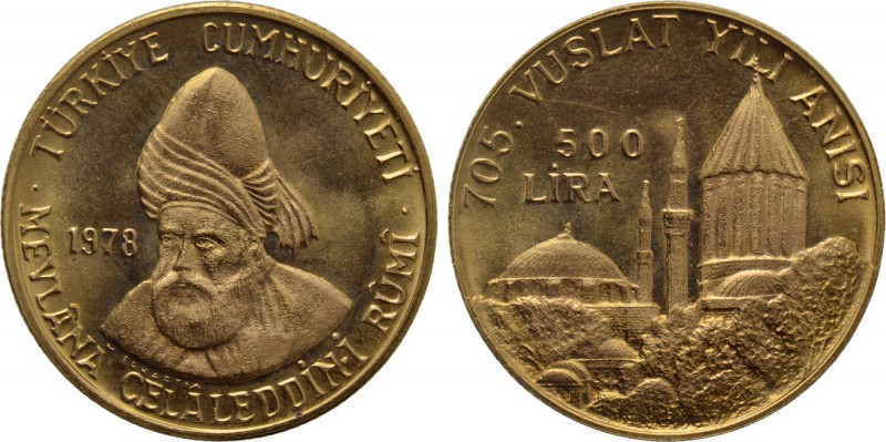 TURKEY. GOLD 500 Lira (1978). Commemorating the 705th Anniversary of the Death o...