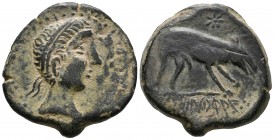 ILTERACA (Sur peninsular). As. (Ae. 19,71g/30mm). 80-20 a.C. Anv: Cabeza masculina a derecha, delante leyenda ibérica: ILTeRACa. Rev: Lobo a derecha, ...