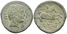 SECAISA (Zona de Aragón). As. (Ae. 20,79g/32mm). 120-20 a.C. Anv: Cabeza masculina a derecha, delante delfín, detrás letras ibéricas: SE. Rev: Jinete ...