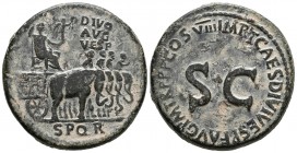 VESPASIANO. Sestercio. (Ae. 23,00g/32mm). 80-81 d.C. Roma. Anv: Vespasiano sentado a derecha con Victoria sobre carro tirado por cuádriga de elefantes...