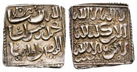 Almohads. Anonymous. Dirham. Sabta (Ceuta). (Vives-2105). (Hazard-1093). Ag. 1,53 g. This curious coinage has a carefully decorated obverse with a dot...