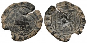 Kingdom of Castille and Leon. Enrique IV (1454-1474). Blanca del rombo. Burgos. (Bautista-type 1079 var). Ve. 0,90 g. Shield over blade counterstamp. ...