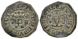 Catholic Kings (1474-1504). Blanca. Cuenca. (Cal-unlisted). (Rs-468 var). Ae. 1,60 g. Crowned F between º - A. Crowned Y between º - C. Choice VF. Est...