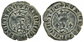 Catholic Kings (1474-1504). Blanca. Toledo. (Cal-51 var). Ae. 1,06 g. F crowned between T-T surmounted by a cross of points. And crowned between parsl...