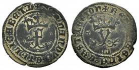 Catholic Kings (1474-1504). Blanca. Segovia. (Cal-33 var). Ae. 0,96 g. F crowned between 7 roundels and Y crowned with a cross on the left and below t...