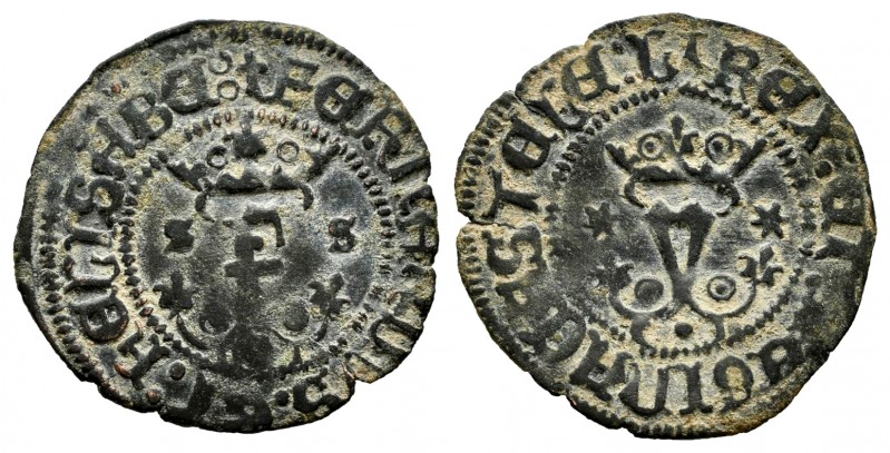 Catholic Kings (1474-1504). Blanca. Sevilla. (Cal-44 var). Ae. 0,87 g. F crowned...