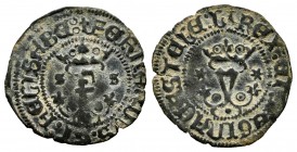 Catholic Kings (1474-1504). Blanca. Sevilla. (Cal-44 var). Ae. 0,87 g. F crowned between small S-S. And crowned Y between 6-pointed stars and dotted r...