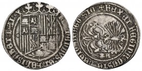 Catholic Kings (1474-1504). 1 real. Coruña. A. (Cal-330). Ag. 3,17 g. Shield between roundels. Scallop and gothic A on the reverse. Rare. VF. Est...35...