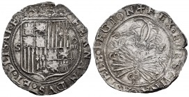 Catholic Kings (1474-1504). 4 reales. Sevilla. (Cal-564). Ag. 13,68 g. Shield between S - IIII. Square "d" assayer on the left of the yoke and bundle ...