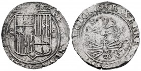 Catholic Kings (1474-1504). 4 reales. Sevilla. (Cal-564). Ag. 13,68 g. Shield between S - IIII. Square "d" assayer on the right of the yoke and bundle...