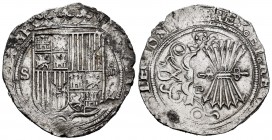 Catholic Kings (1474-1504). 4 reales. Sevilla. (Cal-564). Ag. 13,67 g. Shield between S - IIII. Square "d" assayer between yoke and bundle of arrows. ...