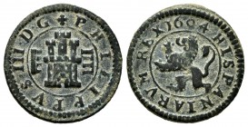 Philip III (1598-1621). 4 maravedis. 1604. Segovia. (Cal-259). Ae. 3,31 g. VF. Est...20,00. 

SPANISH DESCRIPTION: Felipe III (1598-1621). 4 maravedís...