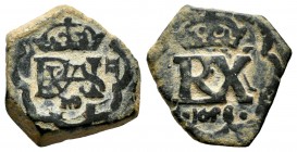 Philip IV (1621-1665). Countermark of 2 maravedis. 1658. Madrid. MD. (Jarabo-Sanahuja-K84). Ae. 3,49 g. Rare. Choice VF. Est...90,00. 

SPANISH DESCRI...