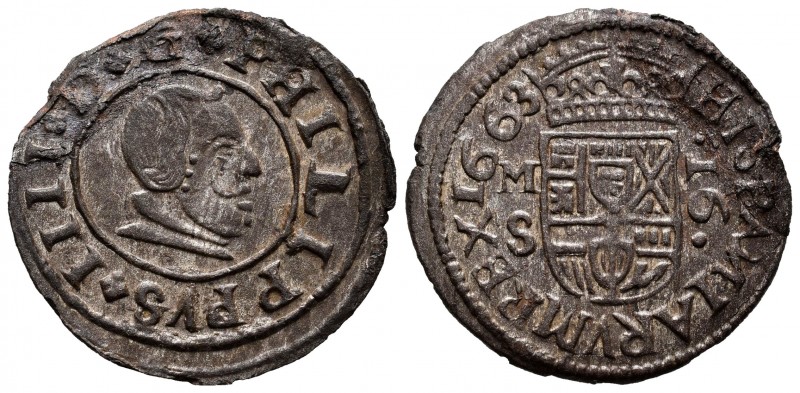Philip IV (1621-1665). 16 maravedis. 1663. Madrid. S. (Cal-475). Ae. 3,82 g. Rus...