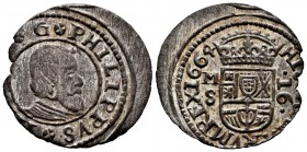 Philip IV (1621-1665). 16 maravedis. 1664. Madrid. S. (Cal-480). Ae. 3,82 g. Original silvering. Displaced. XF/XF. Est...60,00. 

SPANISH DESCRIPTION:...