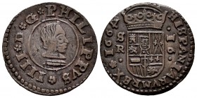 Philip IV (1621-1665). 16 maravedis. 1664. Sevilla. R. (Cal-499). (Jarabo-Sanahuja-M619). Ae. 4,18 g. The digit 4 of de date is upside down. VF. Est.....