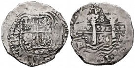 Philip IV (1621-1665). 8 reales. 1654. Potosí. E. (Cal-1455). Ag. 26,61 g. Triple date, the one on the legend partially visible. PH below the crown on...