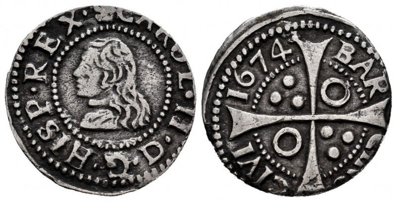 Charles II (1665-1700). 1 croat. 1674. Barcelona. (Cal-202). Ag. 2,35 g. Inverte...