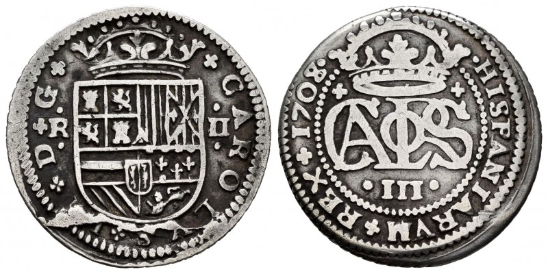 Charles III The Pretender (1701-1714). 2 reales. 1708. Barcelona. (Cal-29). Ag. ...