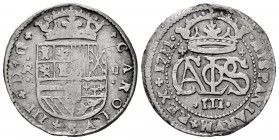 Charles III The Pretender (1701-1714). 2 reales. 1711. Barcelona. (Cal-32). Ag. 4,06 g. Trces of mounting. Choice F. Est...35,00. 

SPANISH DESCRIPTIO...