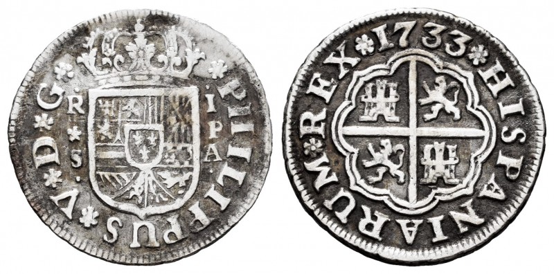 Philip V (1700-1746). 1 real. 1733. Sevilla. PA. (Cal-1720). Ag. 2,57 g. Choice ...