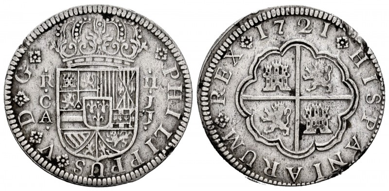 Philip V (1700-1746). 2 reales. 1721. Cuenca. JJ. (Cal-671). Ag. 5,52 g. VF/Almo...