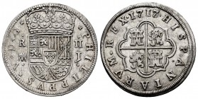 Philip V (1700-1746). 2 reales. 1717/6. Segovia. J. (Cal-944 var). Ag. 4,81 g. Aqueduct with one row of two arches. Almost XF/Choice VF. Est...150,00....