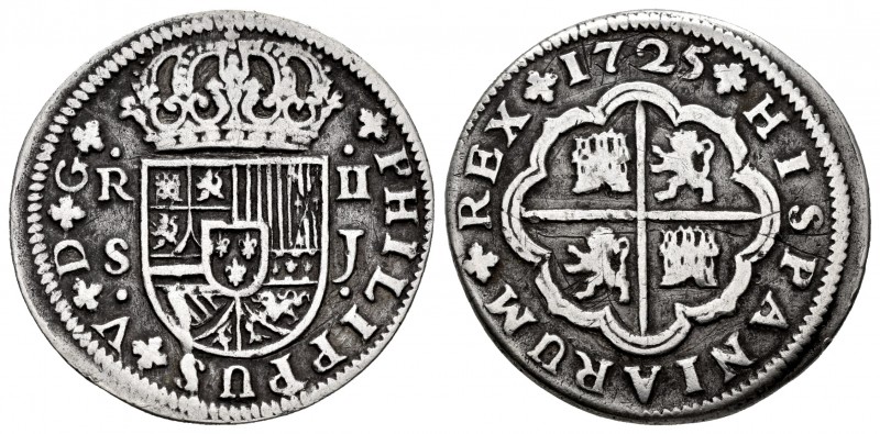 Philip V (1700-1746). 2 reales. 1725. Sevilla. J. (Cal-1427). Ag. 5,47 g. Scratc...