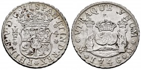 Philip V (1700-1746). 4 reales. 1746. México. MF. (Cal-1133). Ag. 13,05 g. deposits on the obverse. Chop marks. Scarce. Almost XF. Est...250,00. 

SPA...